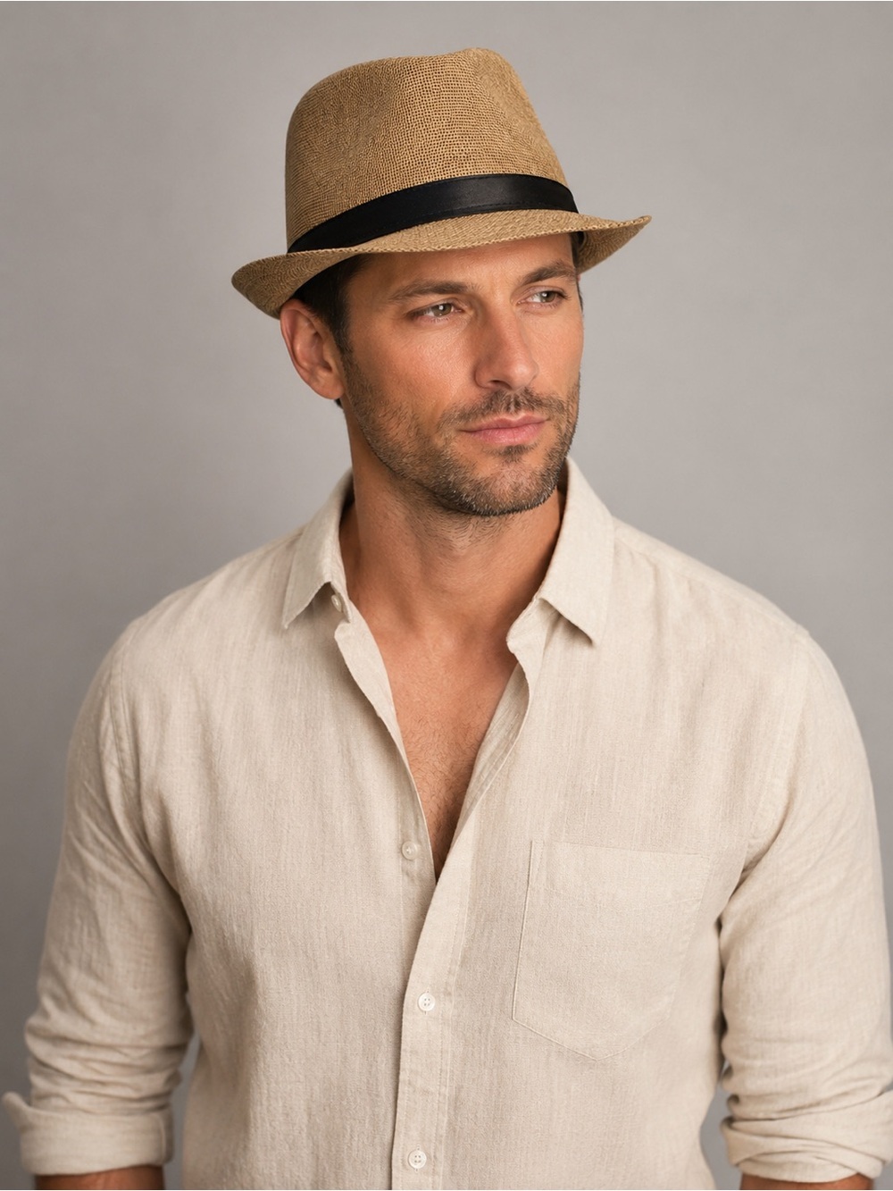 Classic Tan Fedora Trilby Hat Black Band Cotton Blend Unisex Summer Light 7 1/4”